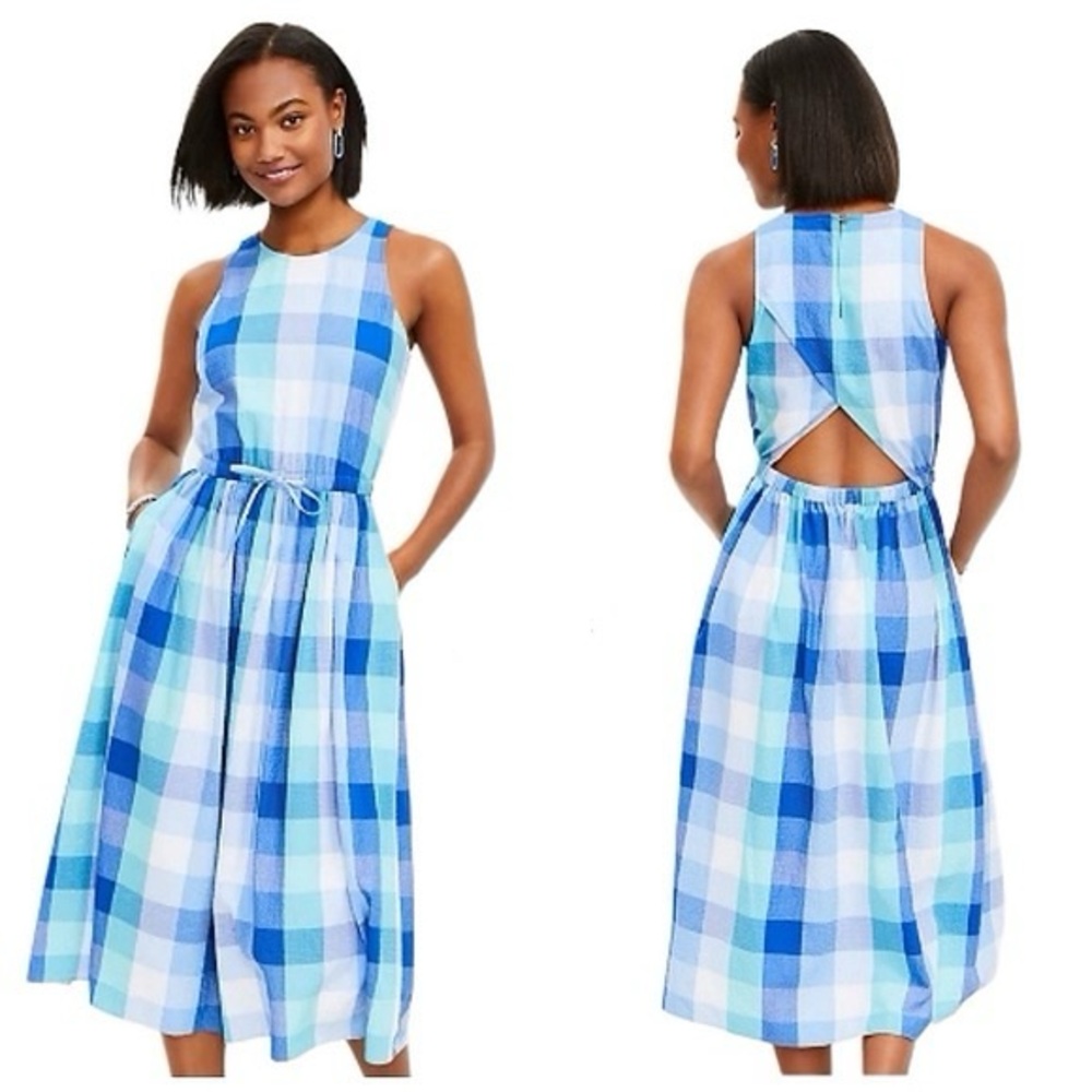 Loft Blue Madras Sleeveless Midi Dress with Open Back and Pockets